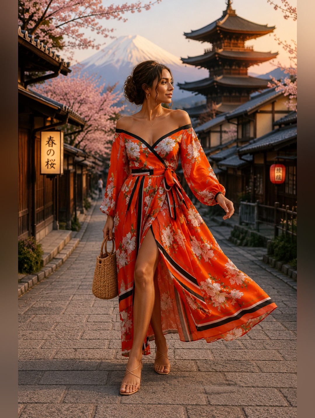 L'atiste Kimono Wrap Off Shoulder Floral Dress